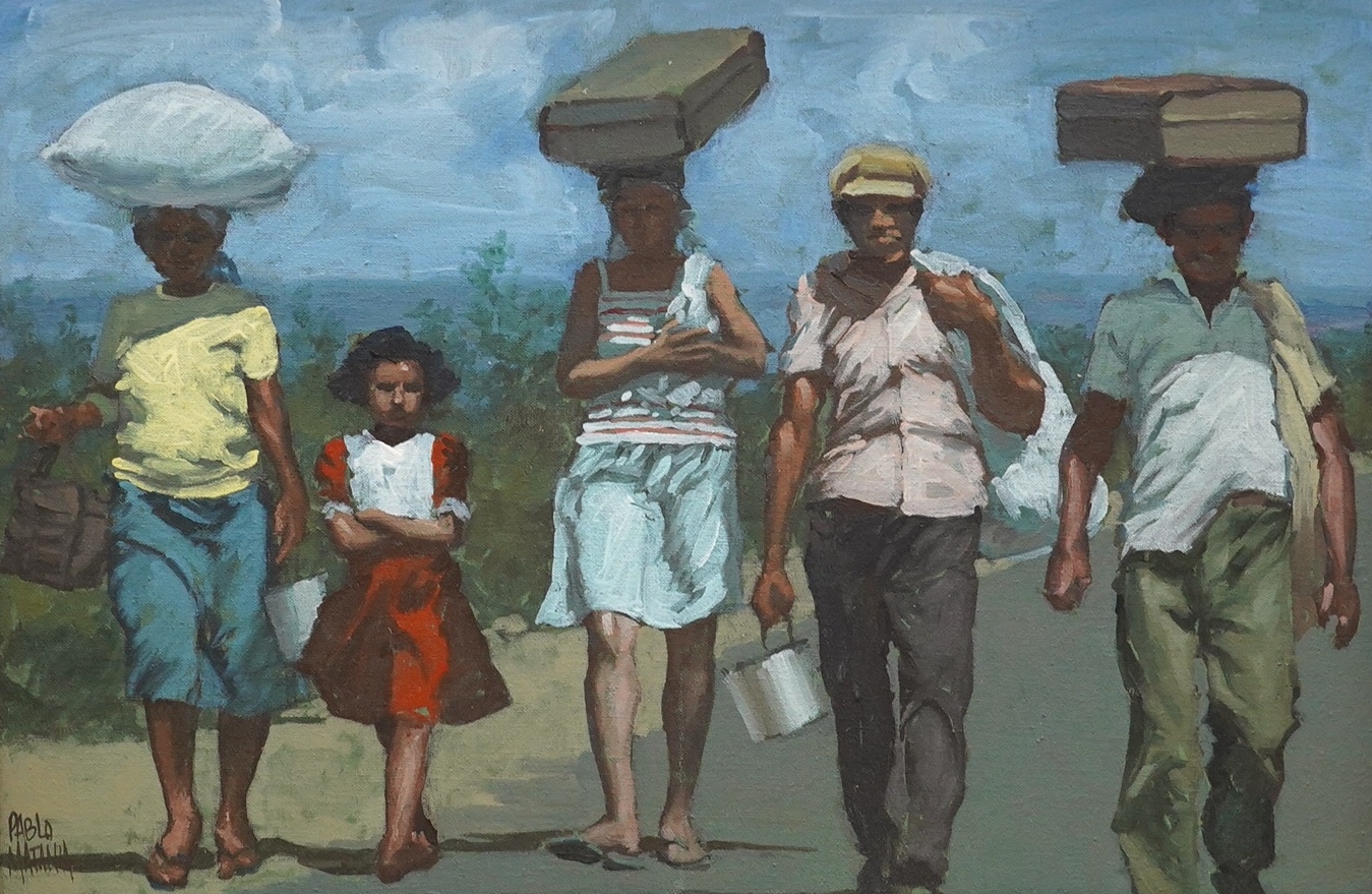 Artwork by Pablo Matania, Five figures walking, Made of oil on canvas