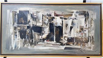 An abstract painting depicting a fragmented urban streetscape in muted tones.