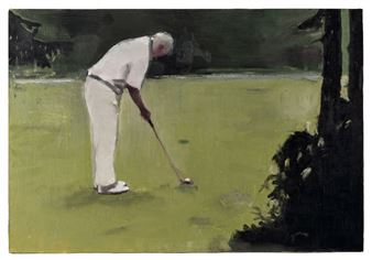A figure in white clothing bends over a green field to hit a small ball with a long stick.