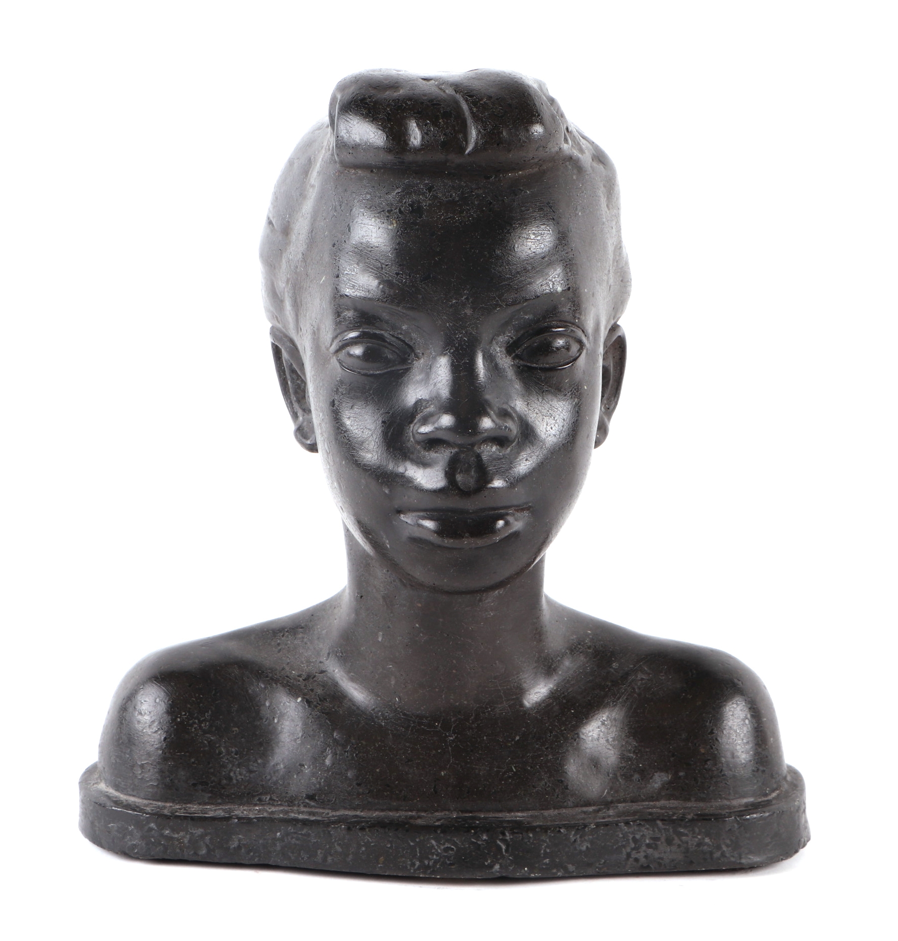 Artwork by Preston L. Prescott, - a polished stone sculpture depicting the head and shoulder bust of a young negro woman, Made of polished stone sculpture