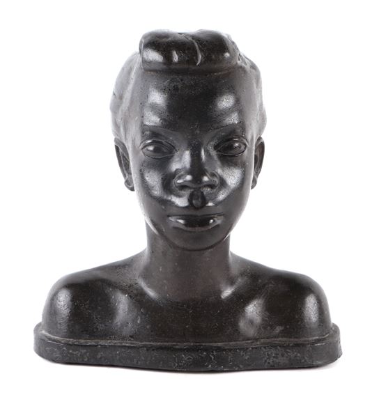 - a polished stone sculpture depicting the head and shoulder bust of a young negro woman - Preston L. Prescott