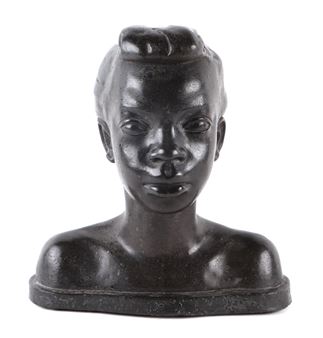 - a polished stone sculpture depicting the head and shoulder bust of a young negro woman - Preston L. Prescott