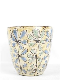 Glazed ceramic vase decorated with stylized flowers on an ochre background - Jean-Claude Malarmey