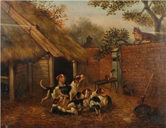 gun dogs in a yard with fox wall - J Coughlan
