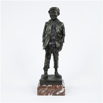 patinated bronze sculpture on red marble base Le gavroche - Alfred Egide Crick