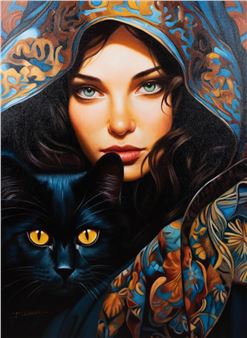 oil on canvas La fille au chat - Pierre Laurent