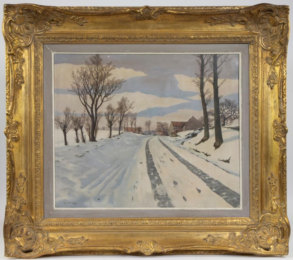 Jean Dratz | oil on canvas Fermette au bord du chemin enneigé | MutualArt