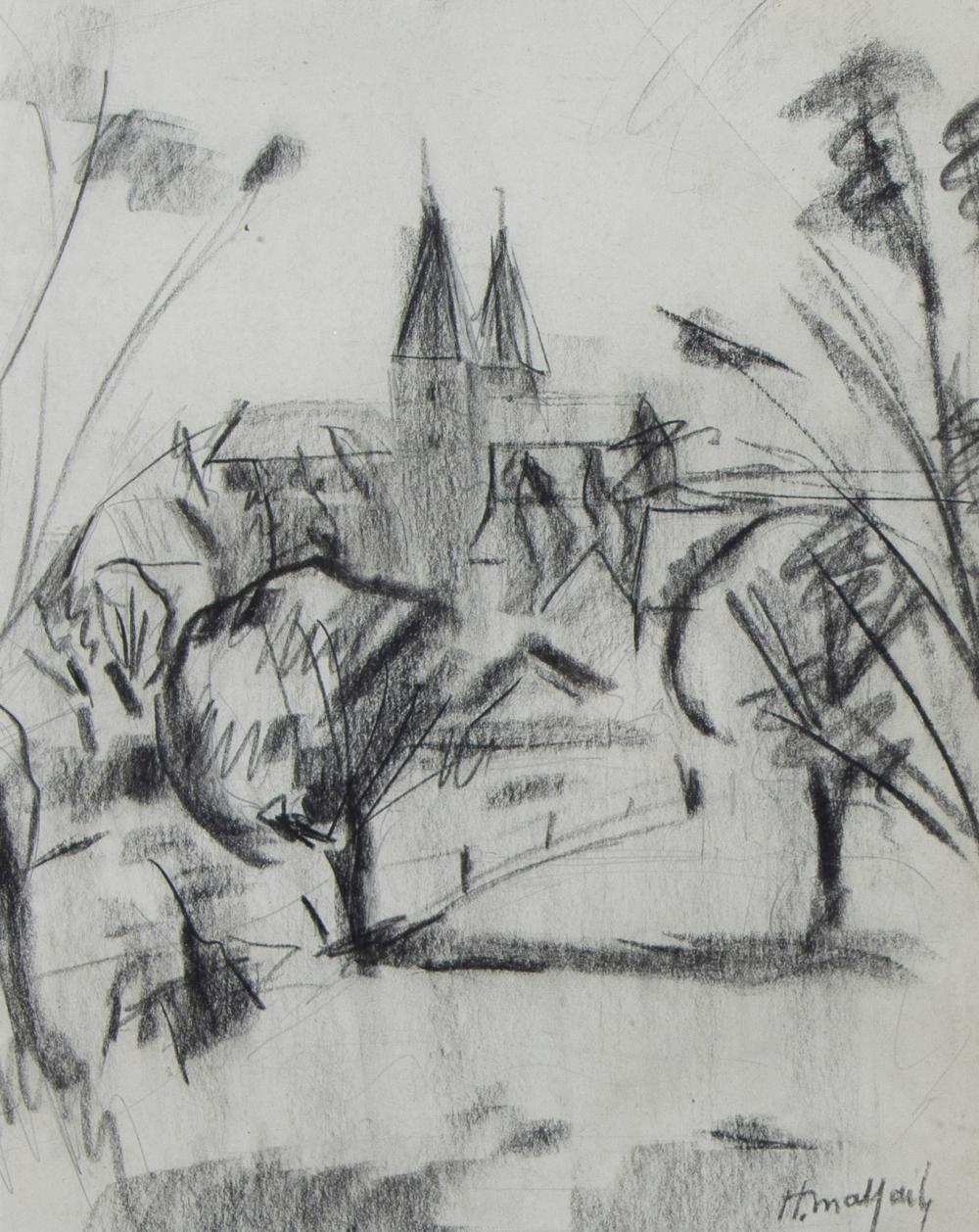 Hubert Malfait | charcoal drawing Landscape with church | MutualArt