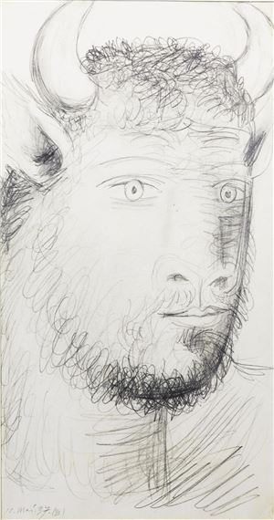 A drawing of a man with horns on his head.