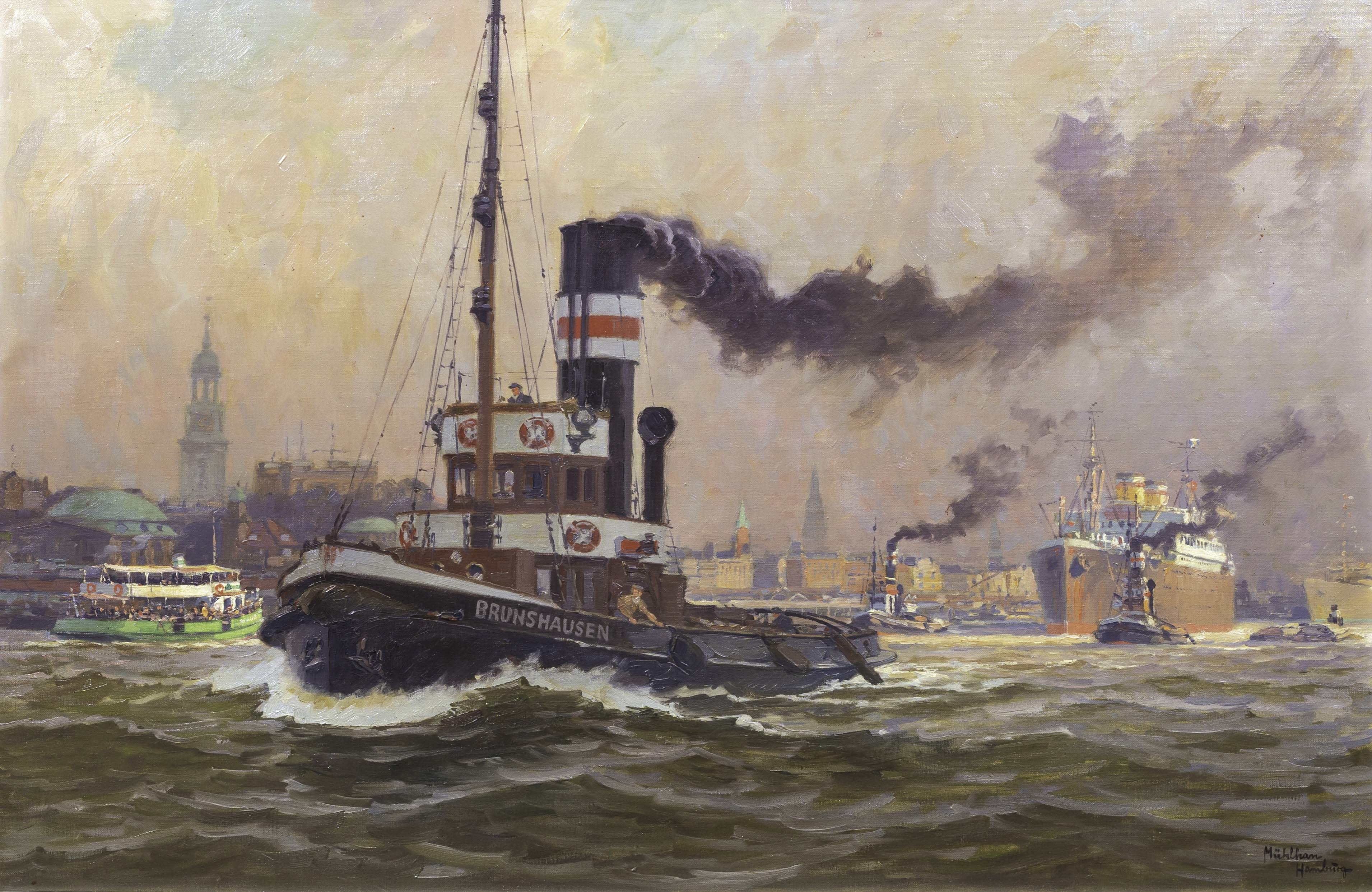 Artwork by Adolf Mühlhan, Port of Hamburg, Made of Oil/canvas