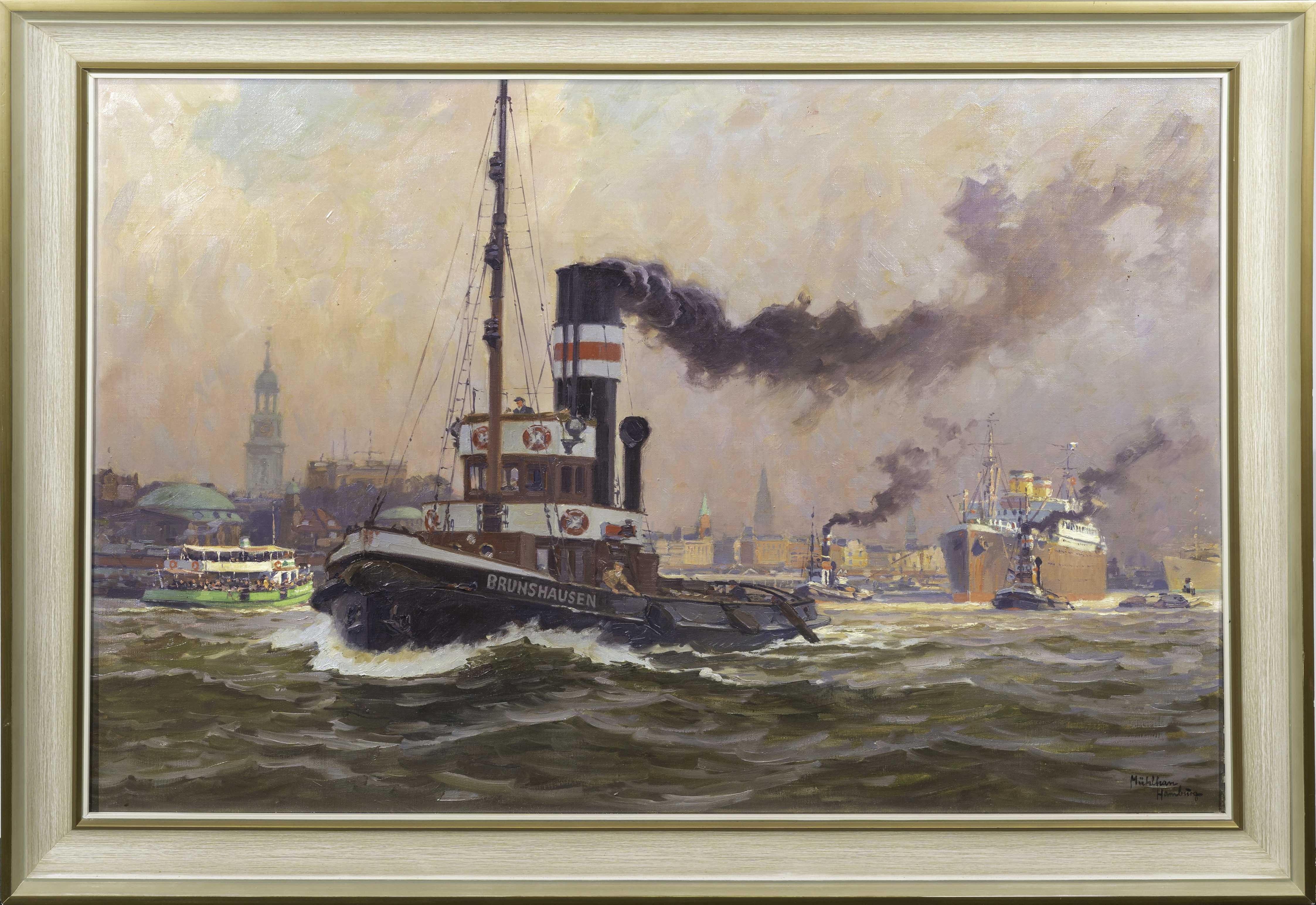 Artwork by Adolf Mühlhan, Port of Hamburg, Made of Oil/canvas