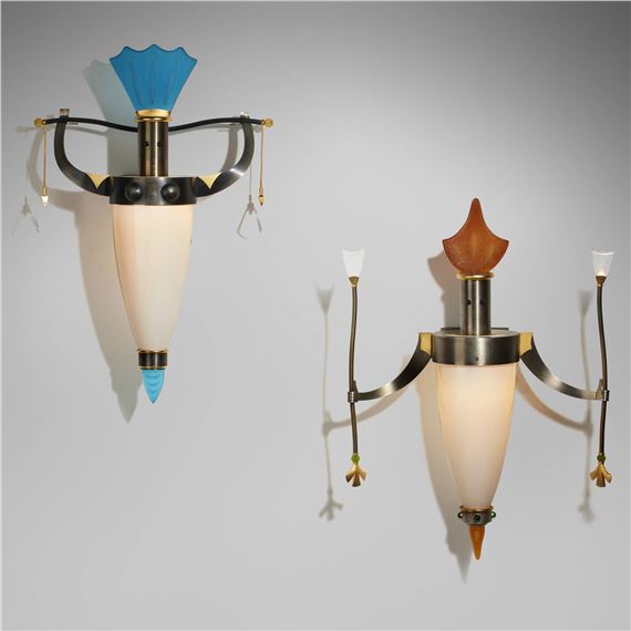 Male and Female Sconces with Blue Headdress and Prisms, pair by Dan Dailey, 1999