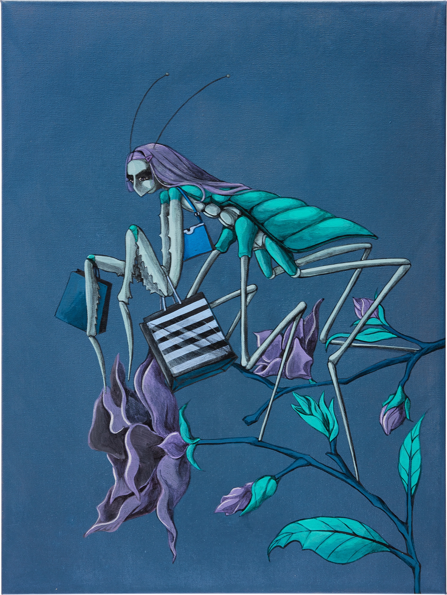 Artwork by Julien Ceccaldi, Shopping Mantis (Bleu Noir Iridescent, Made of acrylic on canvas