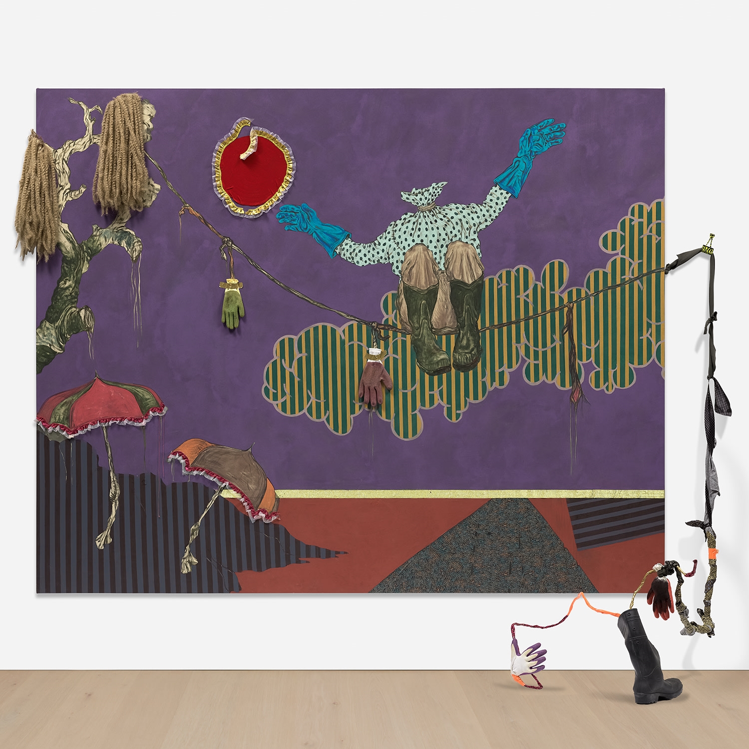 Artwork by Simphiwe Ndzube, Tangled, Untangle, Made of ribbon, tape, shoelaces, rubber gloves, rubber boot, yarn and acrylic on canvas