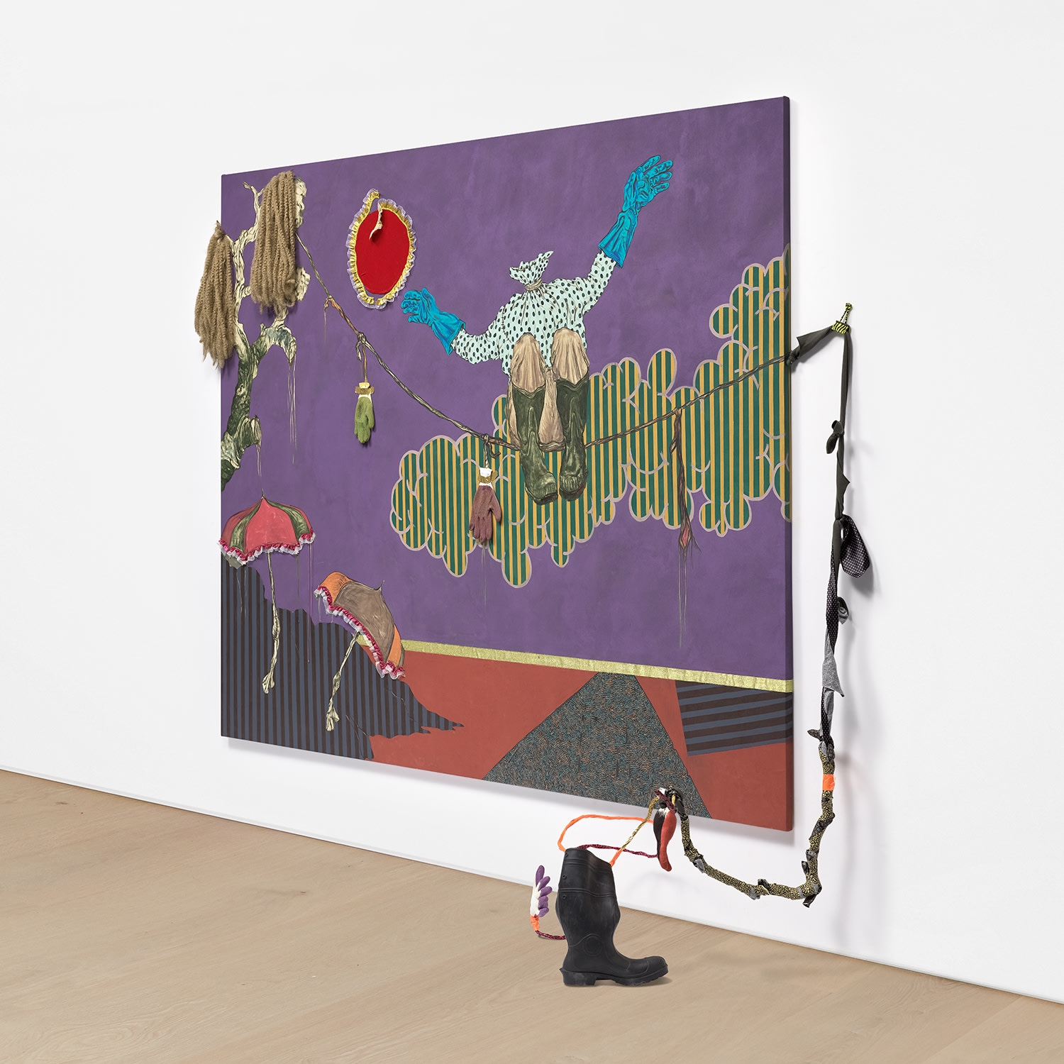 Artwork by Simphiwe Ndzube, Tangled, Untangle, Made of ribbon, tape, shoelaces, rubber gloves, rubber boot, yarn and acrylic on canvas