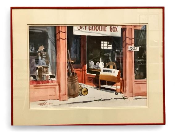 Original Painting of J & J Goodie Box Storefront by Fritz Hoffman, 1930-2008