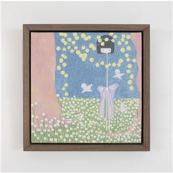 A whimsical illustration of a figure in a field of white flowers under a starry blue sky.