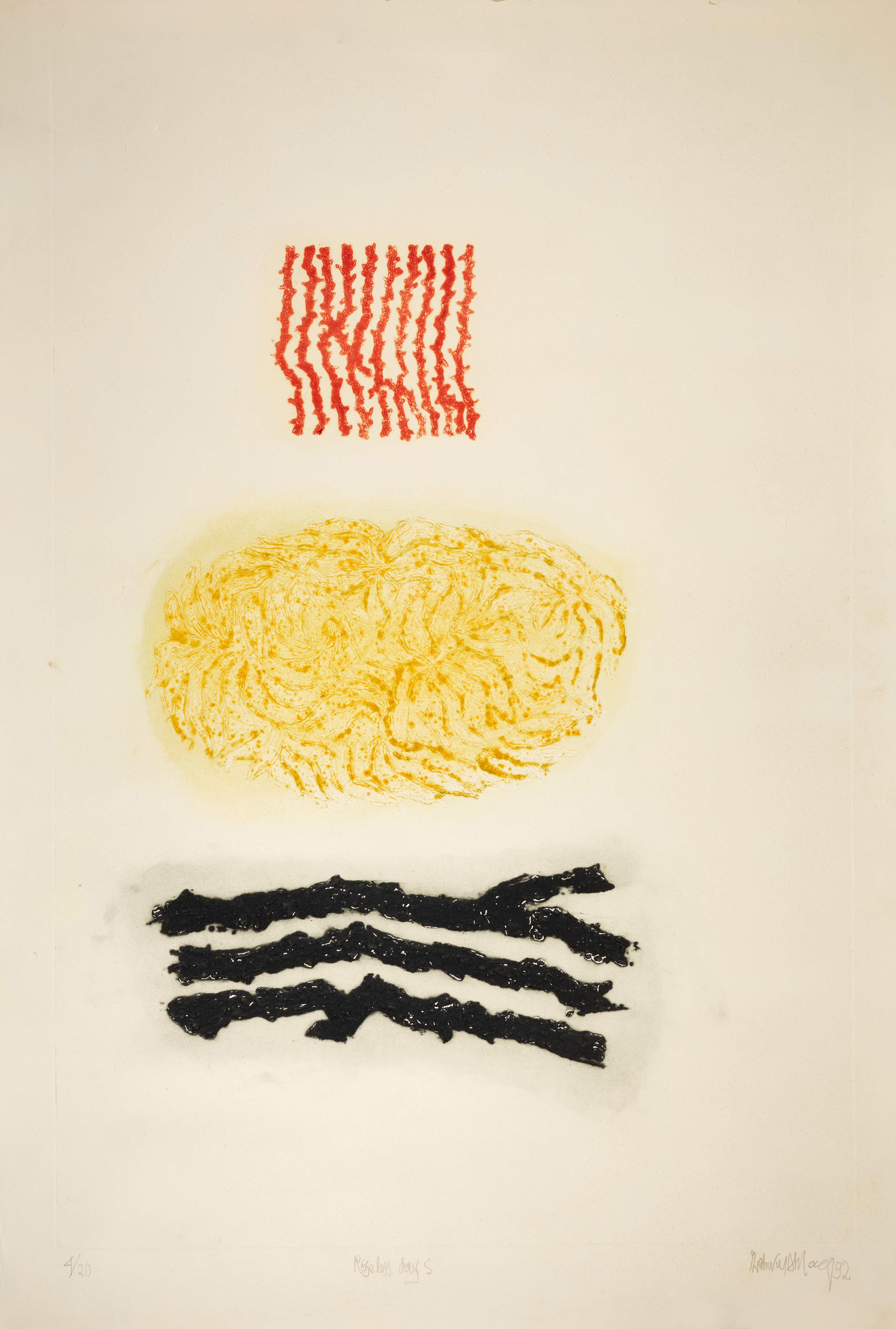 Artwork by Zahoor ul Akhlaq, Roseless Days, Made of Intaglio print in colours on BFK Rives paper