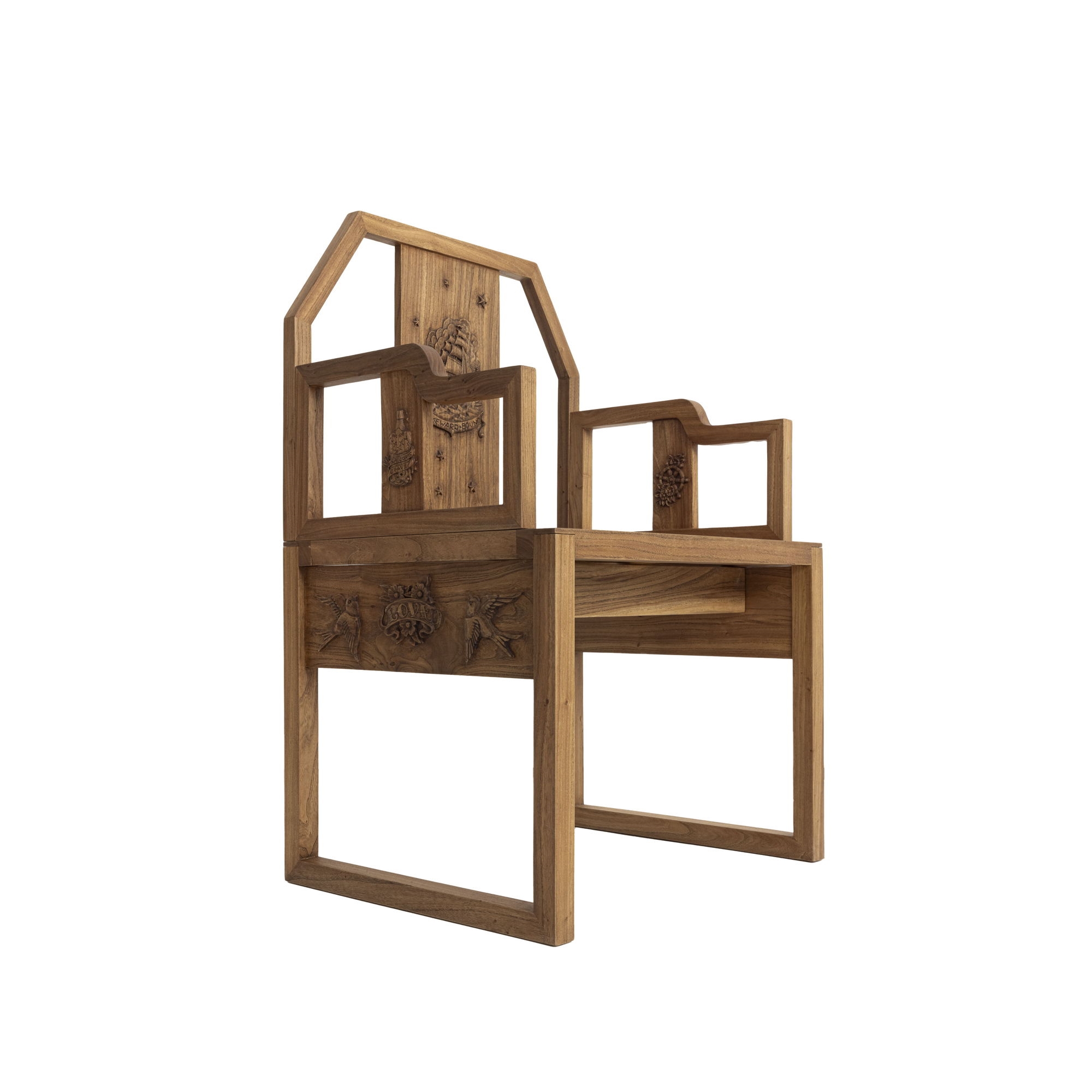 Artwork by Enrico Marone Cinzano, FLAT-PACK QING CHAIR, Made of carved recycled elm wood