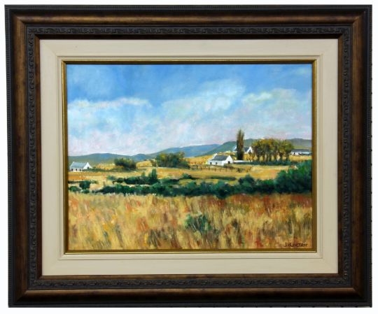 Artwork by J. V. Coetzer, South African landscape with houses, Made of Oil on cardboard