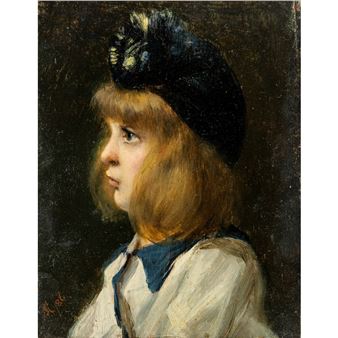 Profilbildnis eines Mädchens mit schwarzblauer turbanähnlicher Kappe - Monogrammist M.S.