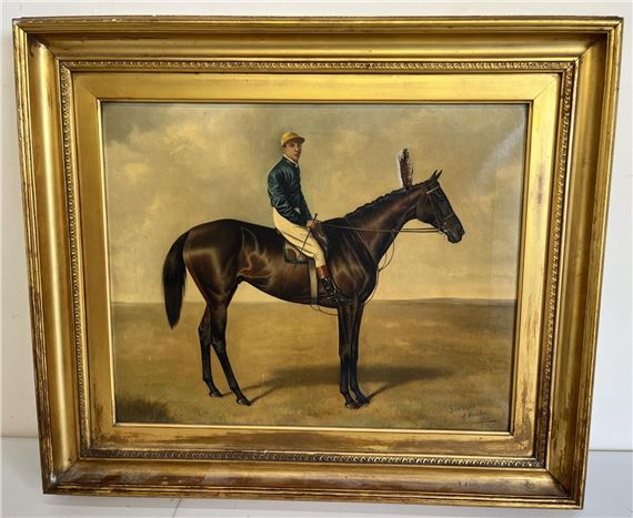 A classical oil painting of a jockey on a dark horse in a golden frame.