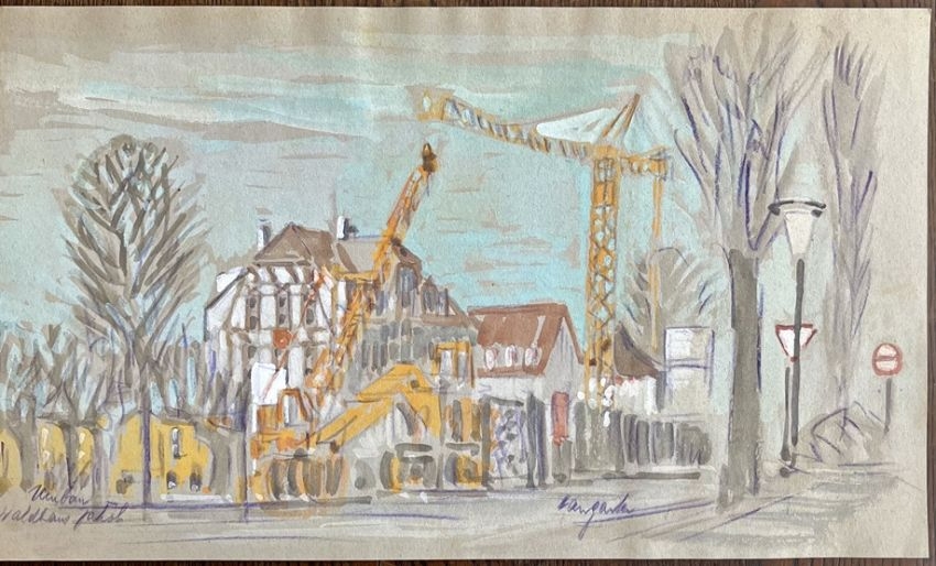 Artwork by Walter Hangarter, "Umbau Waldhaus Jakob", Made of mixed media on cardboard