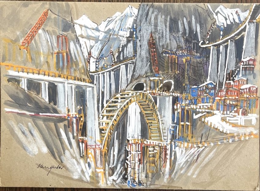Artwork by Walter Hangarter, Construction site, Made of mixed media on cardboard