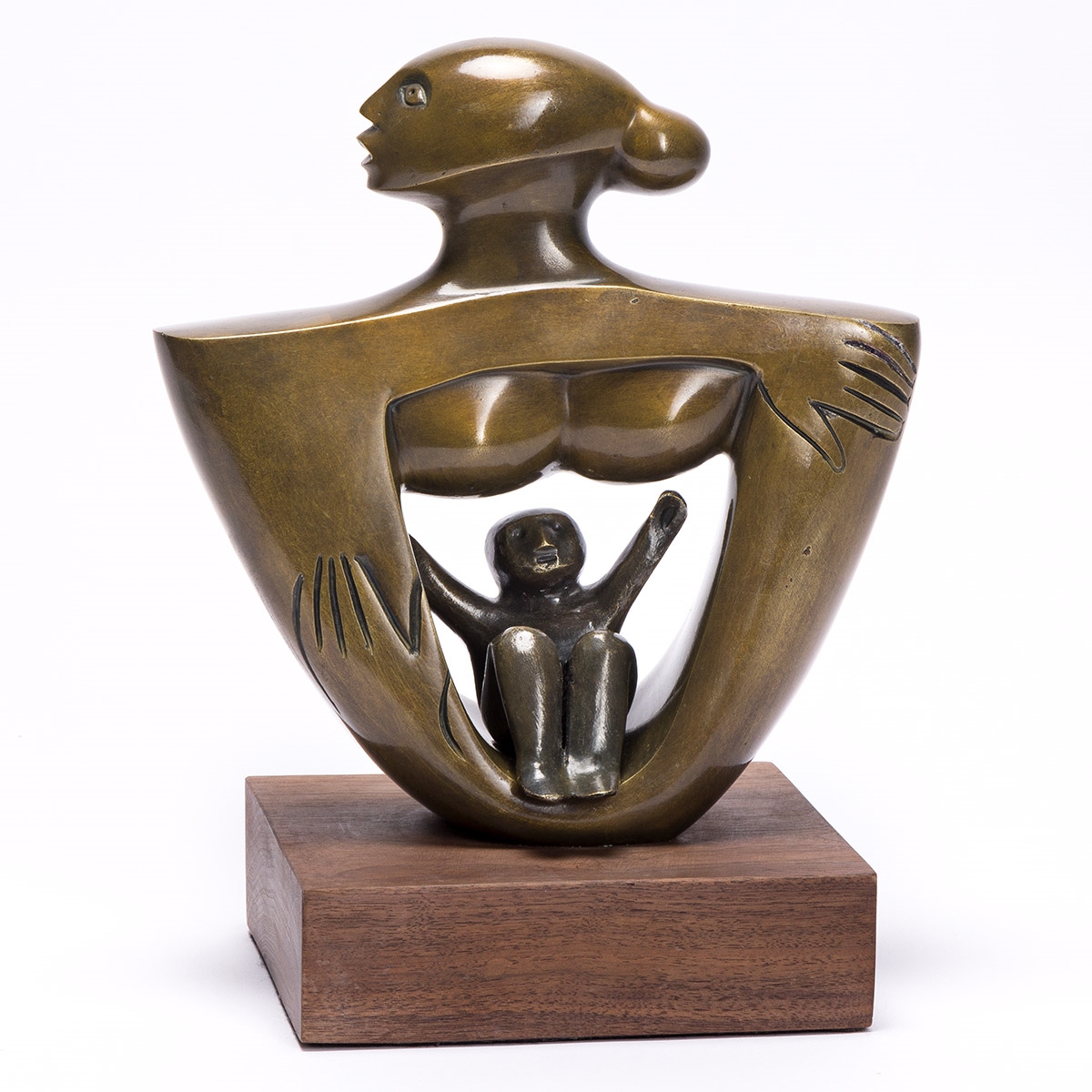 Artwork by Elizabeth Catlett, Mother and Child, Made of Cast bronze, with a golden patina