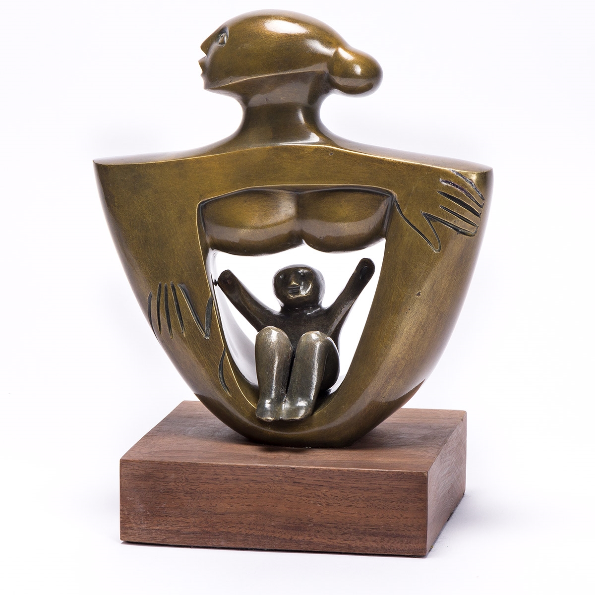 Artwork by Elizabeth Catlett, Mother and Child, Made of Cast bronze, with a golden patina