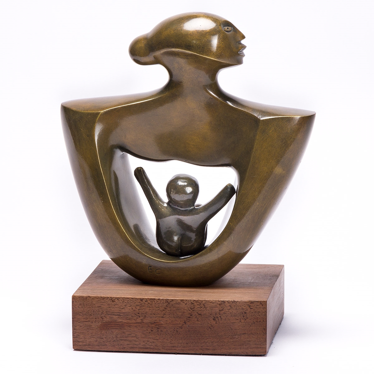 Artwork by Elizabeth Catlett, Mother and Child, Made of Cast bronze, with a golden patina