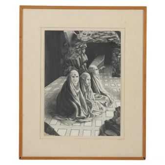 A surrealist graphite drawing on Arches paper. The artwork depicts two veiled figures seated on a checkered floor - Carlos Maciá