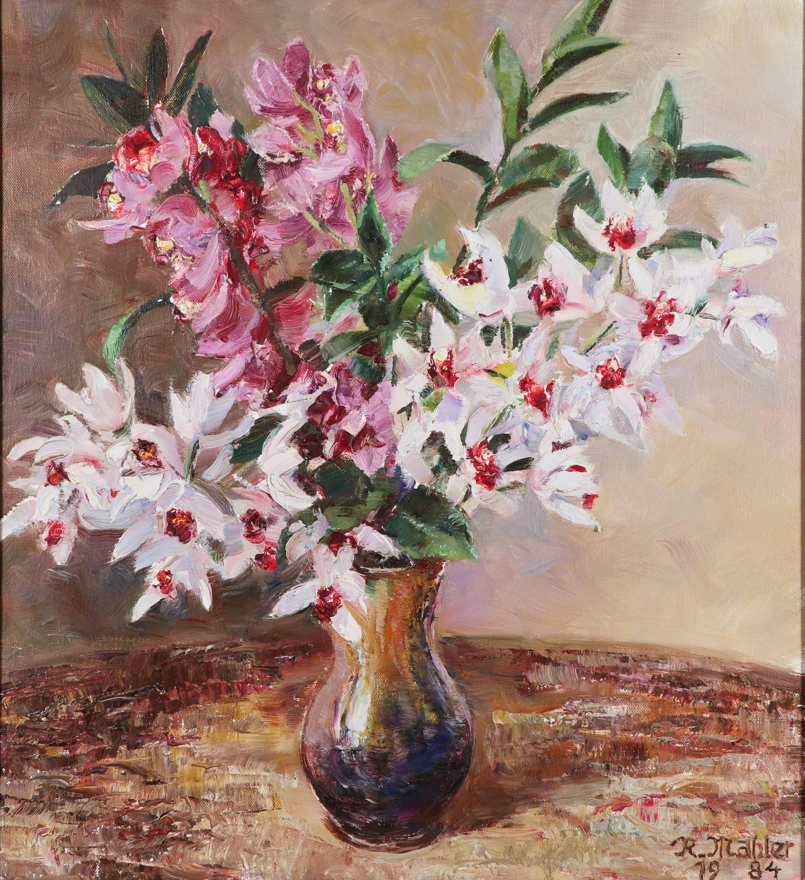 Artwork by Richard Mahler, Blumenstillleben in Vase auf Tisch, Made of oil on canvas