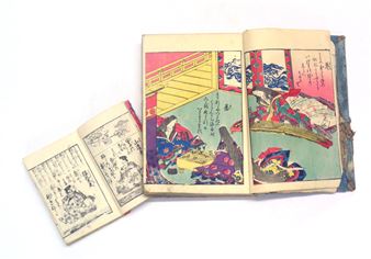 Two Japanese poetry anthology books 'Ogura Hyakunin Isshu' including one published by Eirakuya Toshiro (Nagoya) in 1811 and another published by (?)Suharaga Mohei in 1856 (2) - Ogura Hyakunin Isshu