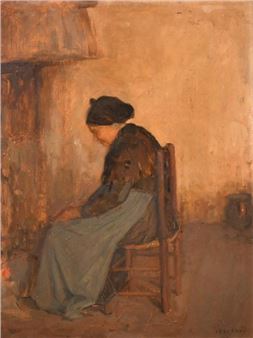 Female figure sitting in a chair by a fire - Maurice Vergeaud