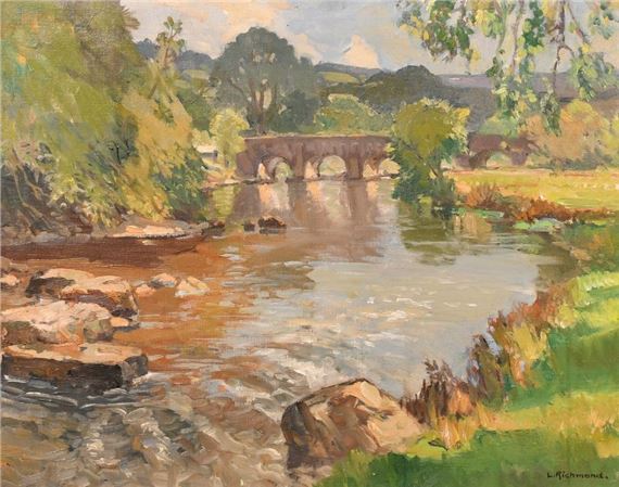 River landscape with a stone bridge by Leonard Richmond