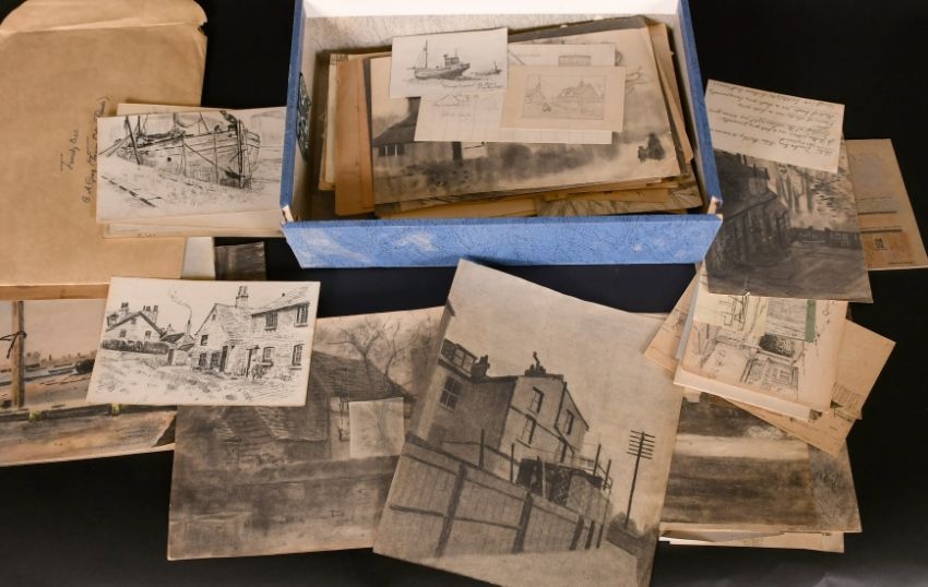 Artwork by Charles Grieg, some Surrey and Sussex views, Made of box of drawings and sketches