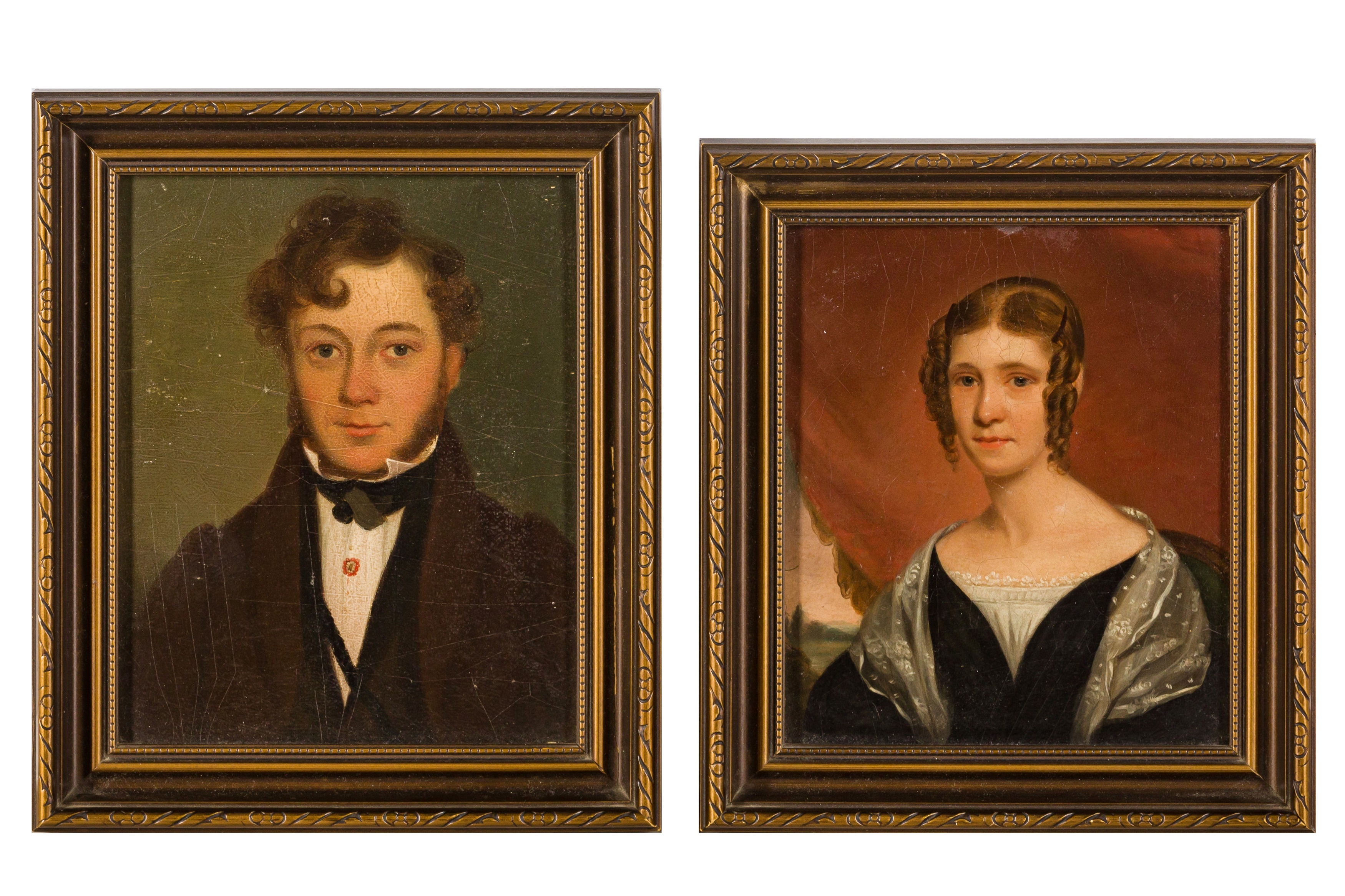 Artwork by Bennett Hubbard, Portrait of a lady, bust length, wearing a black dress white lace shawl, hair curled, landscape beyond, 1839, Made of oil on board