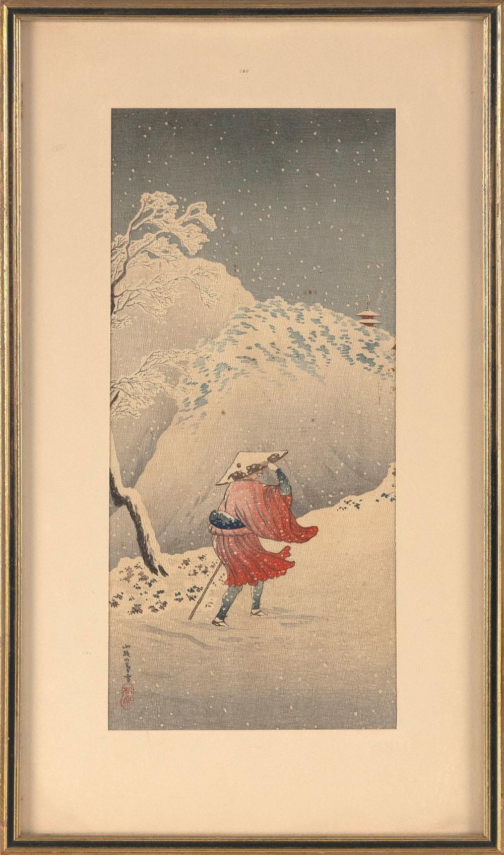 Artwork by Takahashi Shōtei, Figure and falling snow, Made of Woodblock print
