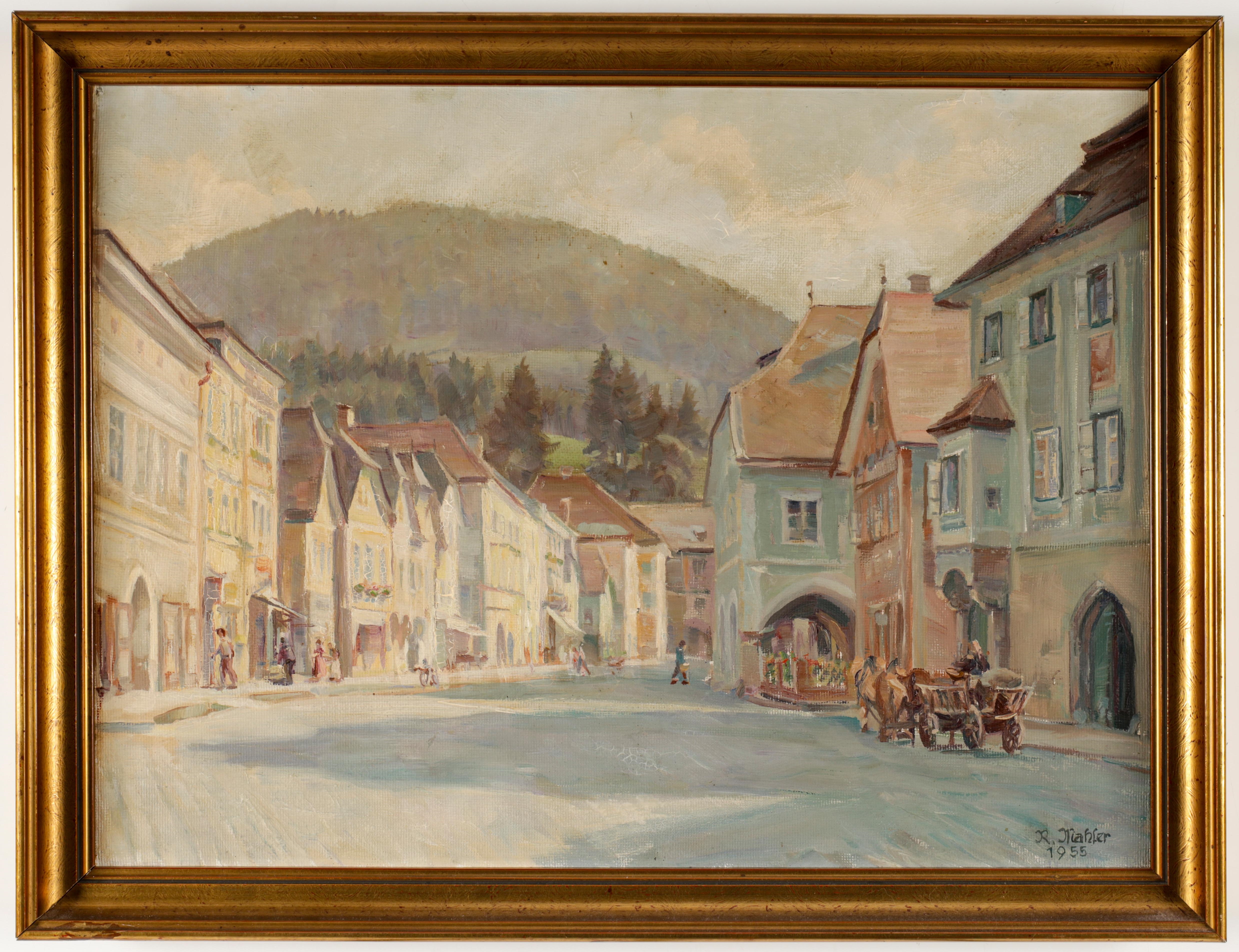 Artwork by Richard Mahler, (Wien 1896-1994) Waidhofen an der Ybbs, signiert: R. Mahler, datiert: 1955, Öl auf Hartfaserplatte, ca. 51,5 x 68,5 cm, Made of Oil on hardboard