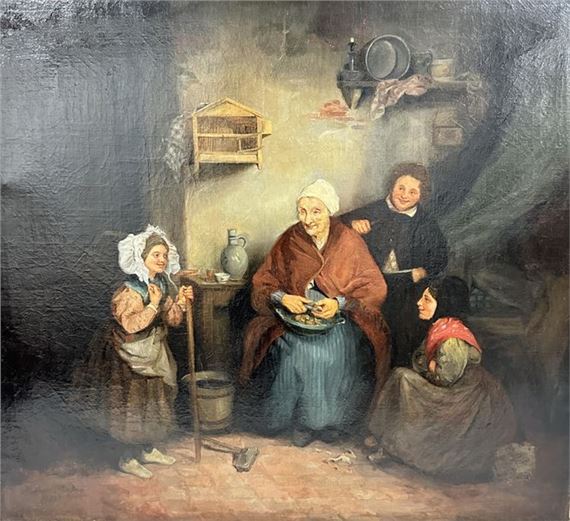 Grandmother peeling vegetables in the family kitchen by Jean Baptiste Madou