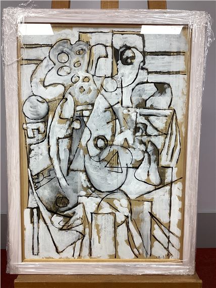 Abstract in White and Black, oil on newspaper, unsigned dated 18