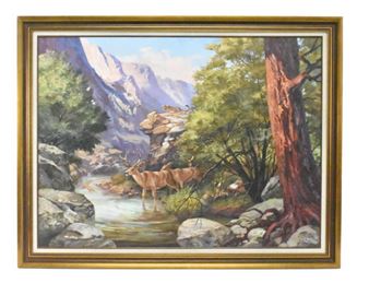 Western Landscape with Cougar Stalking Deer - James Hutchinson