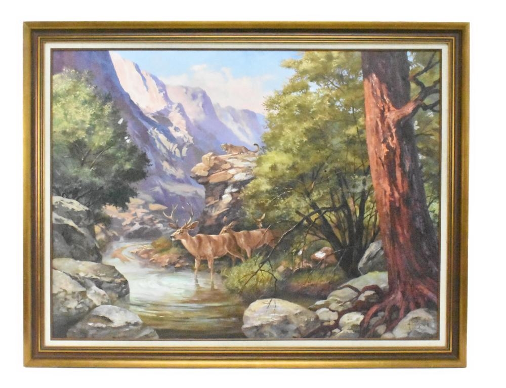 Artwork by James Hutchinson, Western Landscape with Cougar Stalking Deer