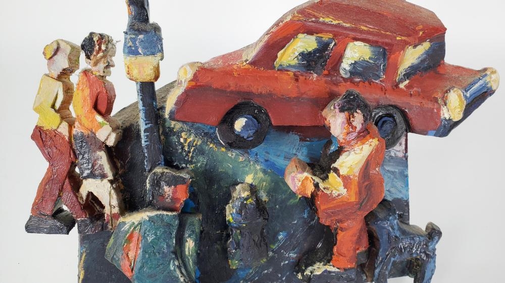 Artwork by Mimi Gross Grooms, NYC Cars and People, Made of Wood Assemblage with Paint