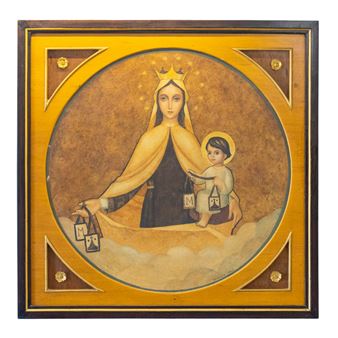 A framed religious artwork depicting a crowned figure holding lanterns alongside a child, set against a golden background.