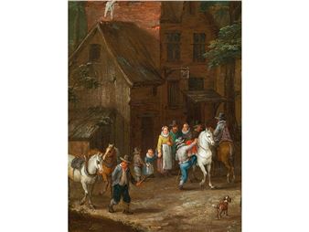 FLUSSLANDSCHAFT MIT REISENDEN AUF DEM WEG IN EIN DORF - Jan Frans Beschey