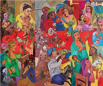 A vibrant, crowded scene of a bustling market filled with diverse figures and colorful goods.