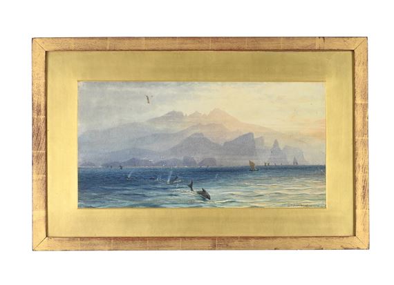 POD OF DOLPHINS BENEATH A MOUNTAIN RANGE by Nicolas Chevalier, dated 1894