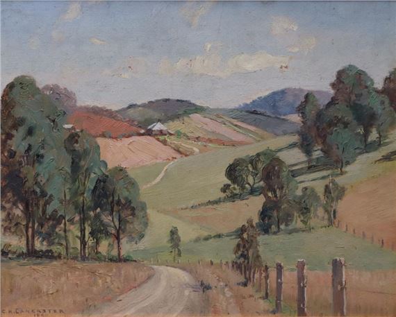 CHARLES LANCASTER, OIL ON BOARD, FARMLAND, SIGNED LOWER LEFT C.H LANCASTER 1940, APPROX. 38.5CM BY 31CM by Charles Lancaster, 1940